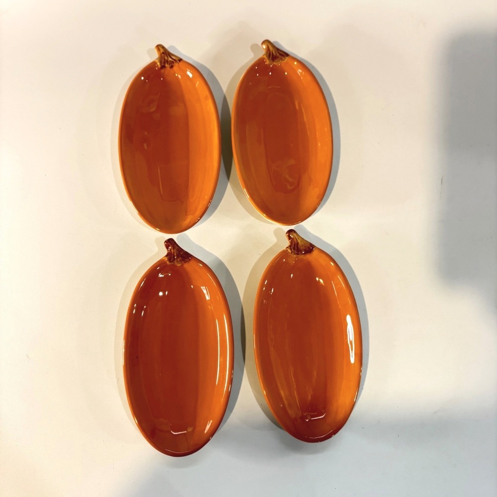 Set of 4 Orange Ceramic Pumpkin Appetizer Plates Fall Thanksgiving Harvest Decor